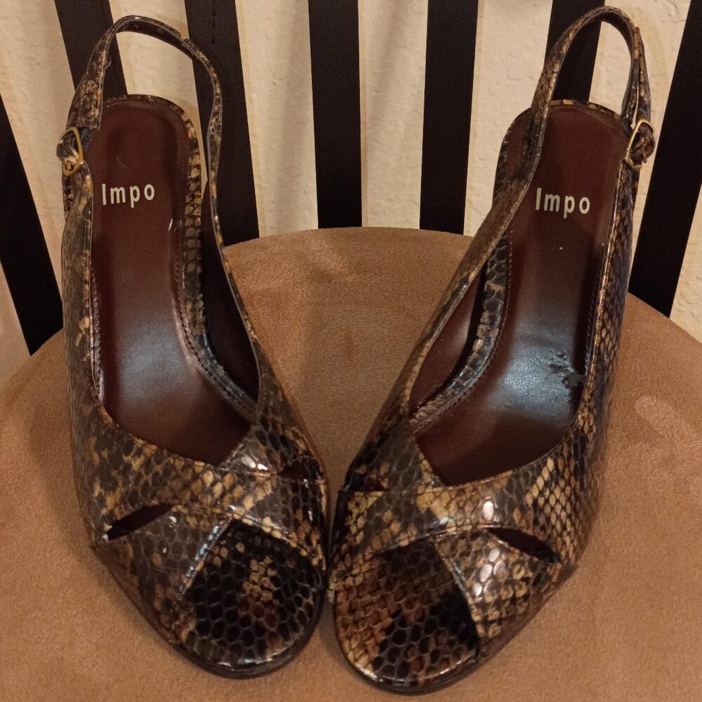 Impo Sling Back Heels - Snakeskin Print - Brown/Beige/Black | Size 7